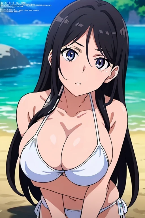 (masutepiece, Best Quality, High resolution, anime screen cap, anime colours, megami magazine:1.2, anime poster style, anime keyvisual, sharp, 8k, photorealistic), (beautiful eyes:1.5), from behind, Blowmailing, 1girl in, Cute, blush, (Long Black Hair), (large breasts:1.5), cleavage, (White Bikini:1.5), from below, cowboy shot, standing, (Perfect Anatomy, beautifull detailed face, Beautiful detailed eyes, beautiful detailed hair, Beautiful detailed body), (thick outline, Beautiful outlines, black outlines)