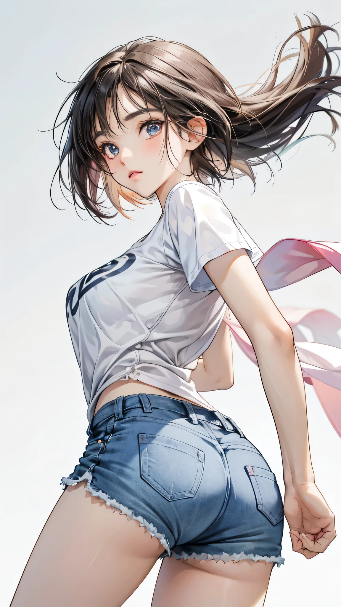 Adorable Girl . Very Kawaii , Round Face . Solo , Slim , Medium Breasts , Short Stature . Glossy Skin . Plain White T-shirt . Booty Shorts . Dynamic Pose . Dynamic Angle . No Background , White Background , looking at viewer