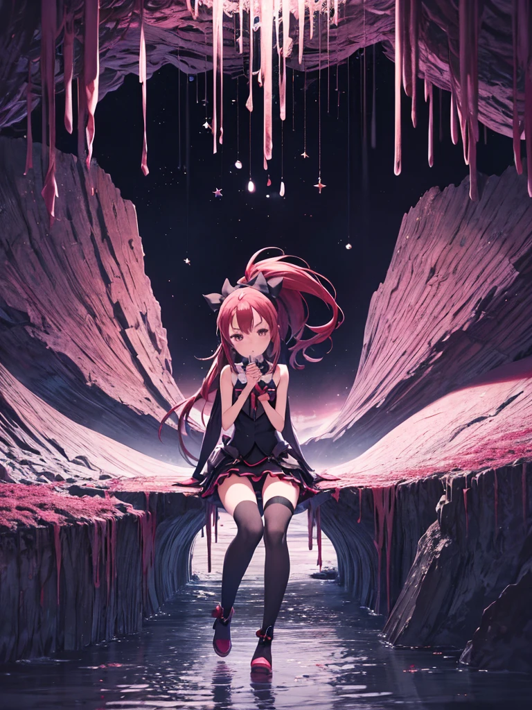 赤いドレスと黒いストッキングを着た女性がcaveを歩いている、masterpiece, highest quality, High resolution, SakuraAi, One girl, alone, Redhead, Red eyes, Long Hair, ponytail, hair bow, bow, Medium chest, Hold your mouth, food, Pocky, skirt, Knee socks, Exposing shoulders, Removable sleeves, black Knee socks, zettai ryouiki, red boots, boots, Magical girl, sakura kyouko, soul gem, Sitting, The legs are detached from the frame, Outstretched legs, View your viewers, wave hands, wave hands arm, Outdoor, cave, darkness, Shadow, Stalactites,