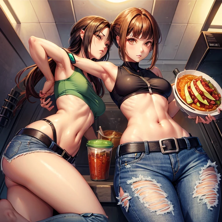 A woman in a tank top and full-zip shorts making salsa sauce at a taco stand　Jeans have belts　Belly button piercing　　There are side slits　Big butt　Detail the buttocks　Detailing the groin area　Up to the thighs　High leg　Swirl Eyes　Bow-legged