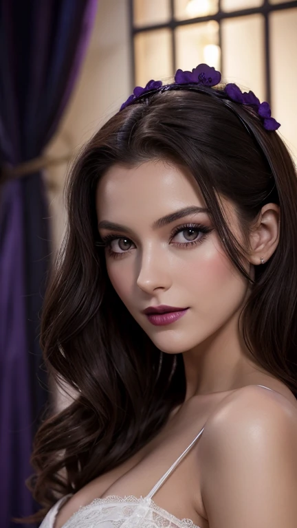 Jeune femme de 25 ans, visage fin, cheveux long, yeux marrons, HD, 8K, masterpiece, sourire romantique, sexy, mascara noir, maquillage noir, black lips, tenue gothique, vêtements noirs et violets, toile d'araignée en dentelle, cheveux noirs et violets, dans un manoir, dracula, orage