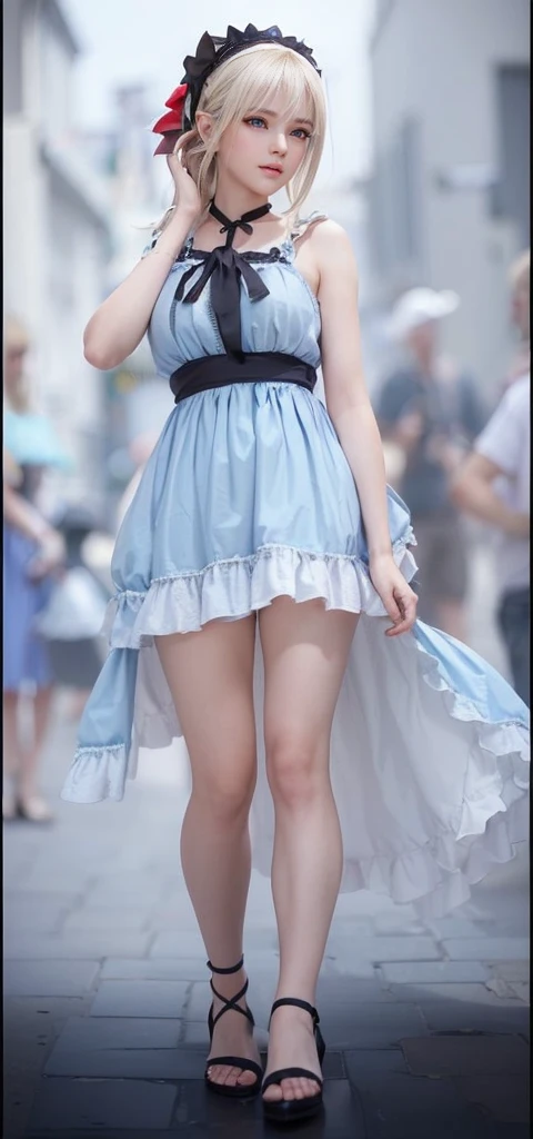 a woman posing on the street corner with light blue dress on, best quality, 1girl, large breasts, day, bright, blur background, bokeh, outdoor, (street:0.8), (people, crowds:1), (lace-trimmed dress:1.5, sleeveless dress, light blue clothes, light blue high-neck dress:1.2, blue dress: 1.5), gorgeous, (short hair, forehead:1.2), beautiful detailed sky, earrings, (dynamic pose:1.2), (upper body:0.8), soft lighting, wind, shiny skin, smile, --auto --s2