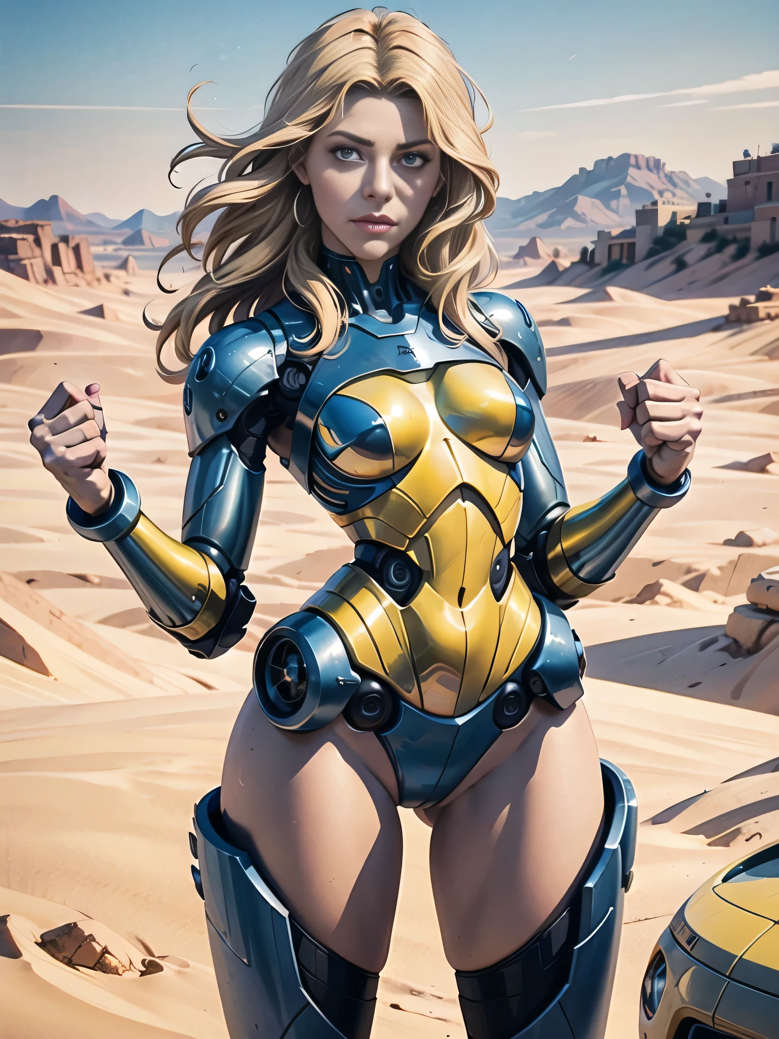 high quality, 4k, masterpiece, beautiful, cyborg girl,  lndswgnr woman, cowboy shot, dull eyes, looking at viewer, long blonde hair, girl, small breasts, fit thigh, robotic arms, robotic body, cyborg body, yellow accent, intricate detail, joint, detailed lines, robotic detail, holding fist up, holding hand up as fist, color robotic parts, robotic parts with color, perfect fingers, on a desert planet, sunny background, colorful desert,