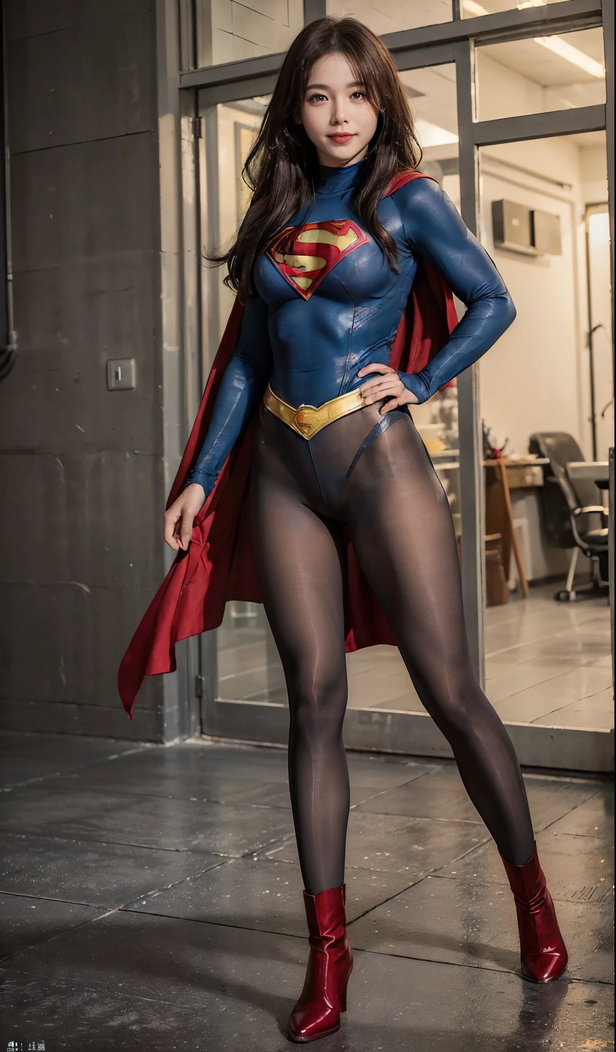 No background、(((Beautiful legs in black tights.)))、(((Legally express the beauty of your smile)))、((((Make the most of your original images)))、(((Supergirl Costume)))、(((ボディにフィットしたSupergirl Costume)))、(((Beautiful Hair)))、(((Smiles and winks)))、(((Please wear black tights....、Wear red boots)))、((Best image quality、8k))、((highest quality、8k、masterpiece:1.3))、(((Preserve background )))、Sharp focus:1.2、Beautiful woman with perfect figure:1.4、Slim Abs:1.2、Wet body:1.5、Highly detailed face and skin texture、8k