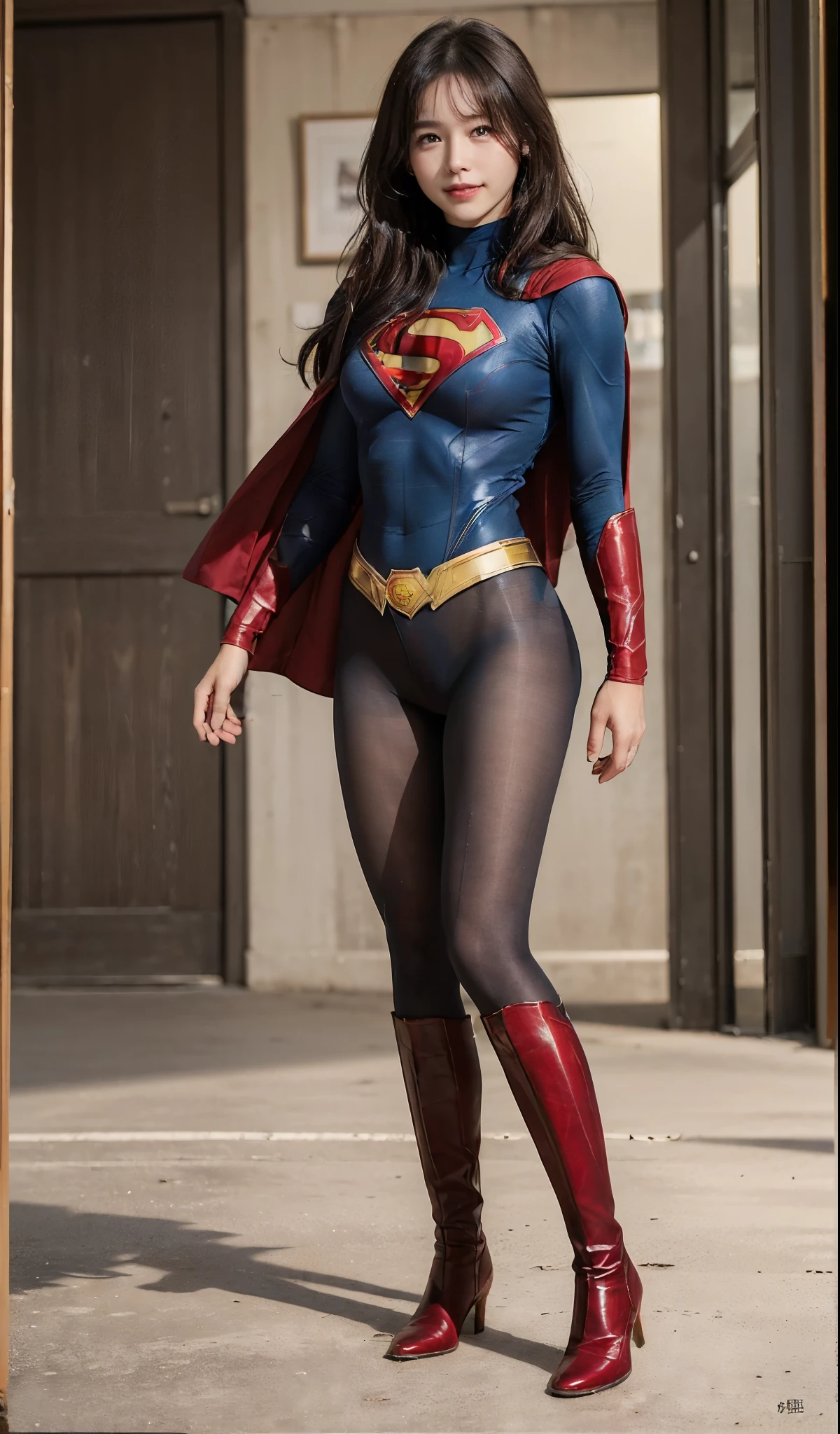 No background、(((Beautiful legs in black tights.)))、(((Legally express the beauty of your smile)))、((((Make the most of your original images)))、(((Supergirl Costume)))、(((ボディにフィットしたSupergirl Costume)))、(((Beautiful Hair)))、(((Smiles and winks)))、(((Please wear black tights....、Wear red boots)))、((Best image quality、8k))、((highest quality、8k、masterpiece:1.3))、(((Preserve background )))、Sharp focus:1.2、Beautiful woman with perfect figure:1.4、Slim Abs:1.2、Wet body:1.5、Highly detailed face and skin texture、8k