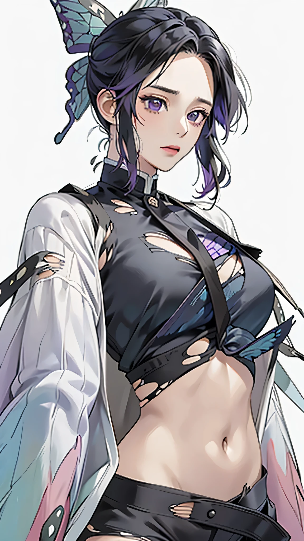 Realistic, High resolution, Soft Light,1 Female, alone, Hip Up, (Detailed face), we \(one piece\), tattoo, jewelry,kochou shinobu,Multicolored Hair,No bangs,Hair Intake,Purple eyes,amount,Black Shirt,Black trousers,Haori,butterfly,button,belt, knife, ((torn clothing:1.5)), ((Voluptuous body)), ((Expressions of pain)),