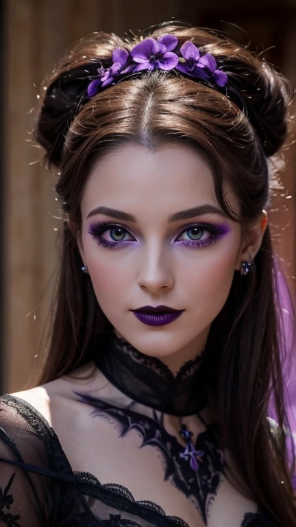 Jeune femme de 25 ans, visage fin, cheveux long, yeux marrons, HD, 8K, masterpiece, sourire romantique, sexy, mascara noir, maquillage noir, black lips, tenue gothique, vêtements noirs et violets, toile d'araignée en dentelle, cheveux noirs et violets, dans un manoir, bodypainting, purple paint, dracula, orage