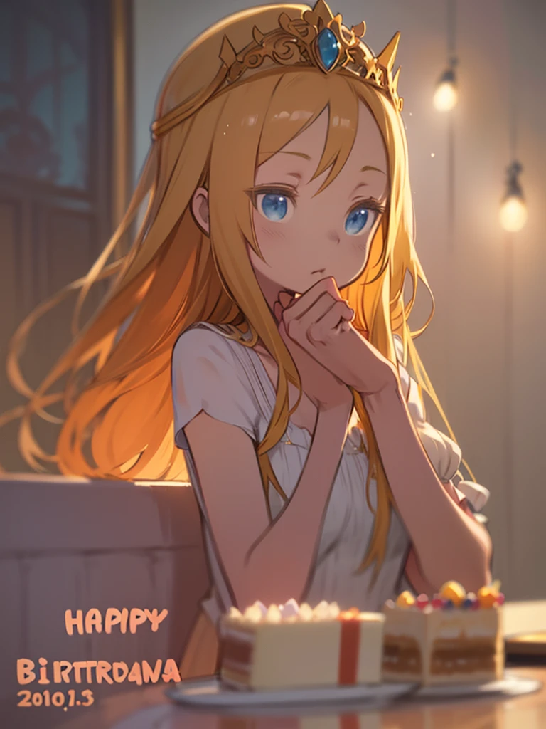 Anime girl with long blonde hair、sitting at a table with plates of food、pretty girl ,(holding a birthday cake),(Domineering lighting),(Soft Focus Filter),(Depth of written boundary):(pretty girl:1.2),(birthday cake:1.4). One girl, Blonde, Very long hair, White tiara, Tiara on her head, White Dress, blue eyes, Medium chest