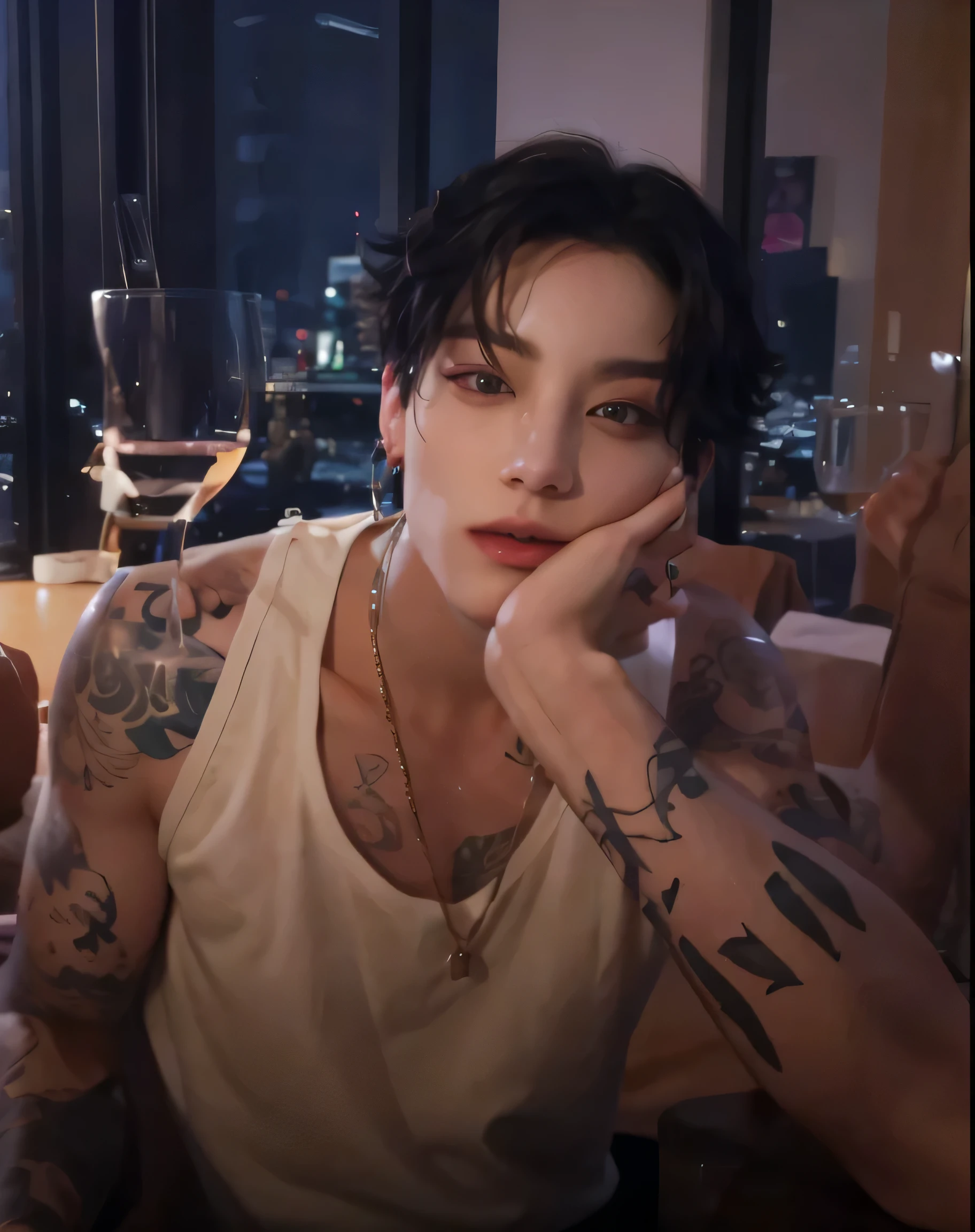 there is a Man with tattoos sitting at a table with a glass of wine, jungkook, beautiful androgynous prince, androgynous male, delicate androgynous prince, inspired by jungkook, androgynous person, luts, beautiful androgynous girl, male ulzzang, handsome korean demon boy, an epic male model, jungkook bts, bts