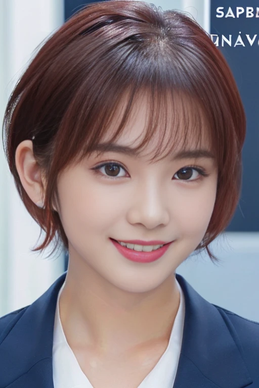 Accurate human body:2.0,(best quality,4K,8K,High resolution,masterpiece:1.5),(Very detailed,Realistic,photoRealistic,photo-Realistic:1.37),(Portraiture,A ultra young Japanese girl:2.0),(Perfect Slender Body:2.0),(Images of her alone:2.0),(((Close-up of her eyes:2.5))),(Her face ultra looks like a baby:2.5),(Impressive features, super cute and a big idol-like smile:2.0),(Ultra beautiful even left and right eyes with a clear expression:2.0),(Beautifully shaped eyebrows, Captivating gaze, natural pink lips,Perfect white skin,Realistic rendering,(She is wearing a navy blue business suit:2.0),(Super short dark red hair:2.0),The golden sunlight gently illuminates the landscape,Elegant and graceful posture,Create a quiet and serene atmosphere,She is at the company reception desk.