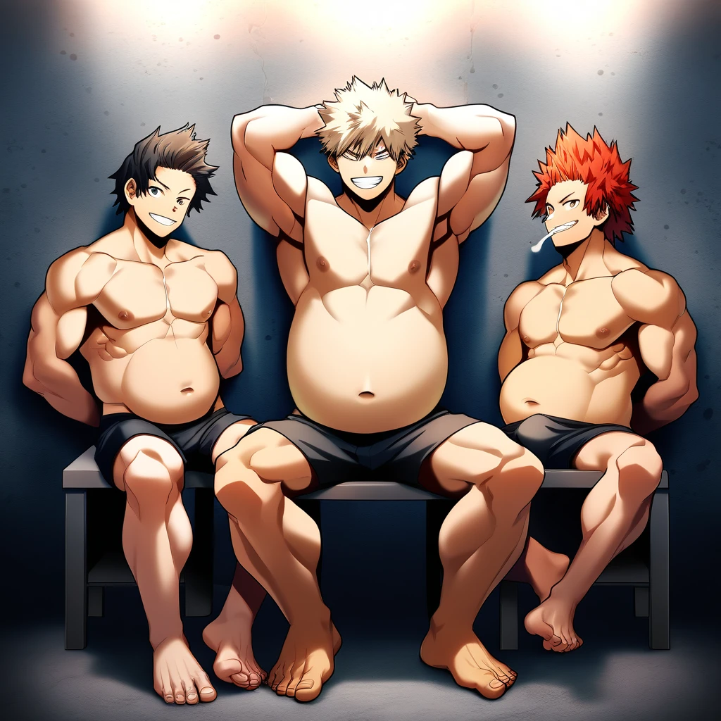 3boys, full body, male focus, muscular male, best quality, amazing quality, best aesthetic, absurdres, in a sitting on a chair, gay couple, official style, year 2023, game cg, looking at viewer, happy, looking at viewer, together on picture, yaoi, gay couple, emphasizing the extraordinary size of pregnant belly, pregnant belly, wet with milk dripping, (bakugou katsuki), Eijiro Kirishima red riot, , Tetsutetsu Tetsutetsu
boku no hero academia, chained up on the wall, arms chained up on the wall, nipples, arms back of head, wearing black underwear, grin.
