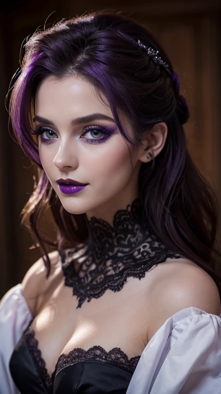 Jeune femme de 25 ans, visage fin, cheveux long, yeux marrons, HD, 8K, masterpiece, sourire romantique, sexy, mascara noir, maquillage noir, black lips, tenue gothique, vêtements noirs et violets, toile d'araignée en dentelle, cheveux noirs et violets, dans un manoir, bodypainting, purple paint, dracula, orage