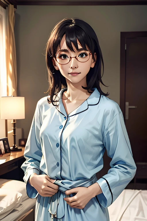(masterpiece, highest quality), One Girl, Satou, Satou, Glasses, pajamas, Satou, Glasses, 赤いフレームのGlasses, In bed:1.5,Head to waist,Hotel Rooms,pajamas姿,