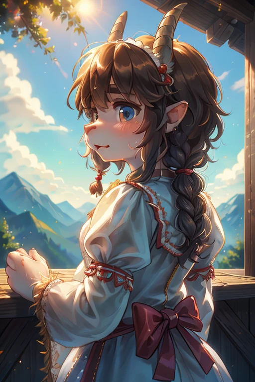 rear Bokeh , hairy goat girl , realistic hairy fur , round face , moist eyes , Swollen cheeks , glossy lips , 2 Hair ties , (Swiss traditional summer costume) , Why can I hear the whistle so far away, Why are those clouds waiting for me,Tell me, Grandpa, in the Mountains in Alm , front view , back shot