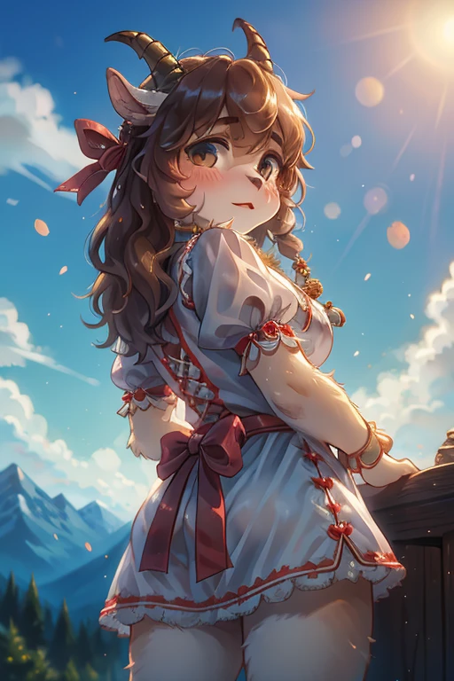 rear Bokeh , hairy goat girl , realistic hairy fur , round face , moist eyes , Swollen cheeks , glossy lips , 2 Hair ties , (Swiss traditional summer costume) , Why can I hear the whistle so far away, Why are those clouds waiting for me,Tell me, Grandpa, in the Mountains in Alm , front view , back shot