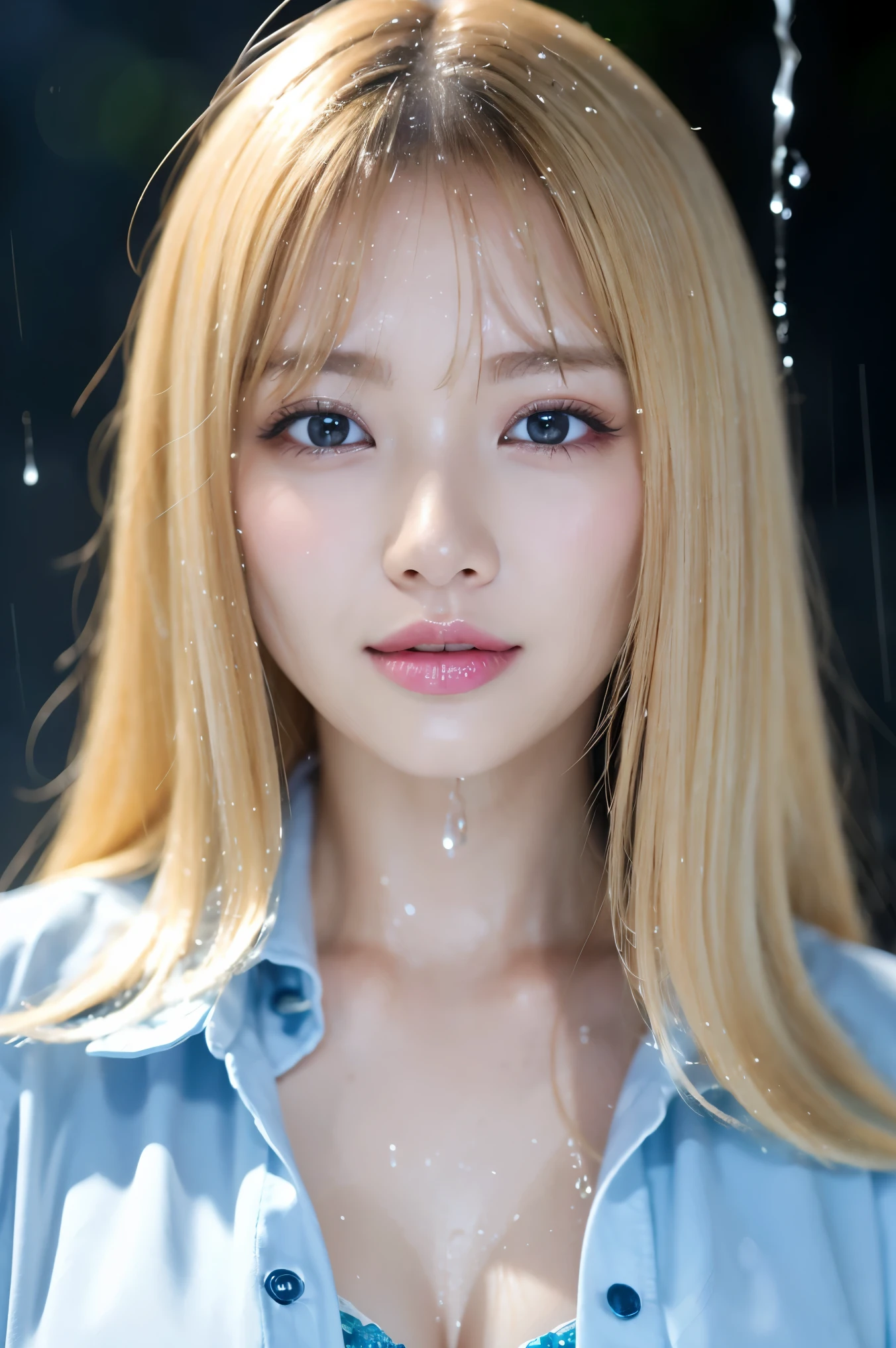 (Tabletop、highest quality、8k、Award-winning works、Ultra-high resolution)、One beautiful woman、(Soaked shirt:1.2)、(Soaking wet blonde:1.2)、(Soaking wet blonde:1.2)、(Wet and shiny hair:1.2)、(The wettest skin:1.2)、(Ultra-high resolution, Realistic water splashes:1.2)、(完璧で最も自然なUltra-high resolutionの水しぶき:1.2)、Colored contact lenses、Perfect Makeup、Long eyelashes、Beautiful eyeshadow、Bright and shiny lipstick、(Very heavy rain is falling:1.4)、(Glowing Skin:1.2)、(A soaked woman:1.2)、(Face close-up:1.1)、(Strongly blurred Shibuya city background:1.1)、(Strongly blurred background:1.1)、Accurate anatomy、Ultra HD Hair、(Ultra-high resolutionの完璧な美しい歯:1.1)、Ultra-high resolution beauty face、Ultra HD Hair、Ultra-high resolution sparkling eyes、輝くUltra-high resolutionの美肌、Ultra-high resolutionの艶やかな唇