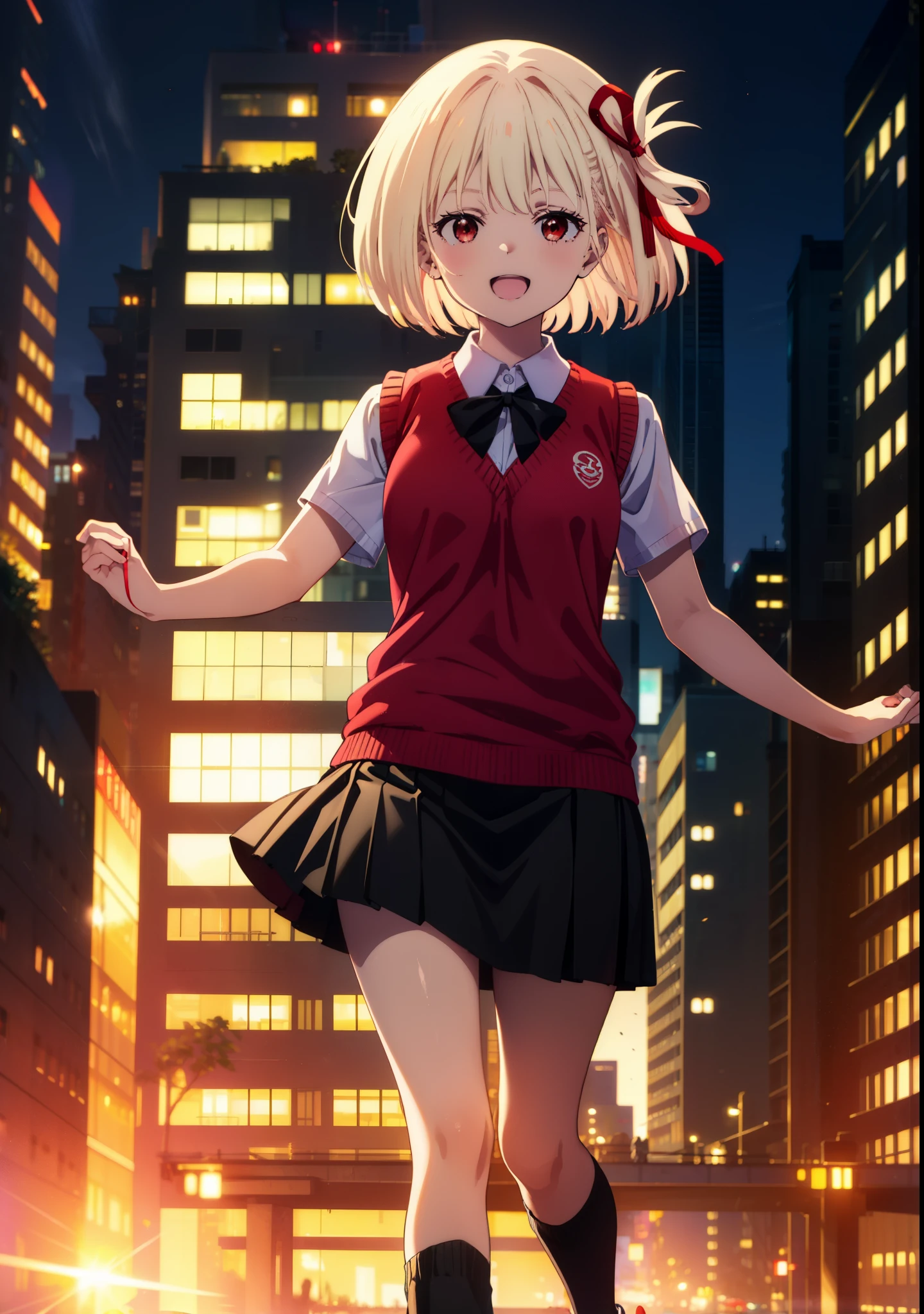 chisatonishikigi, Chisato Nishikigi, short hair, bangs, Blonde, (Red eyes:1.5), hair ribbon, One side up, Bobcut,happy smile, smile, Open your mouth,
white yシャツ, Short sleeve, Pleated skirt, socks, Collared shirt, mini skirt, Black pantyhose, (Black Skirt:1.5), Sweater vest, (red Sweater vest:1.5),Brown loafers,morning,morning陽,The sun is rising，Walking，whole bodyがイラストに入るように,
break outdoors, city,
break looking at viewer, whole body,
break (masterpiece:1.2), highest quality, High resolution, unity 8k wallpaper, (figure:0.8), (Beautiful fine details:1.6), Highly detailed face, Perfect lighting, Highly detailed CG, (Perfect hands, Perfect Anatomy),