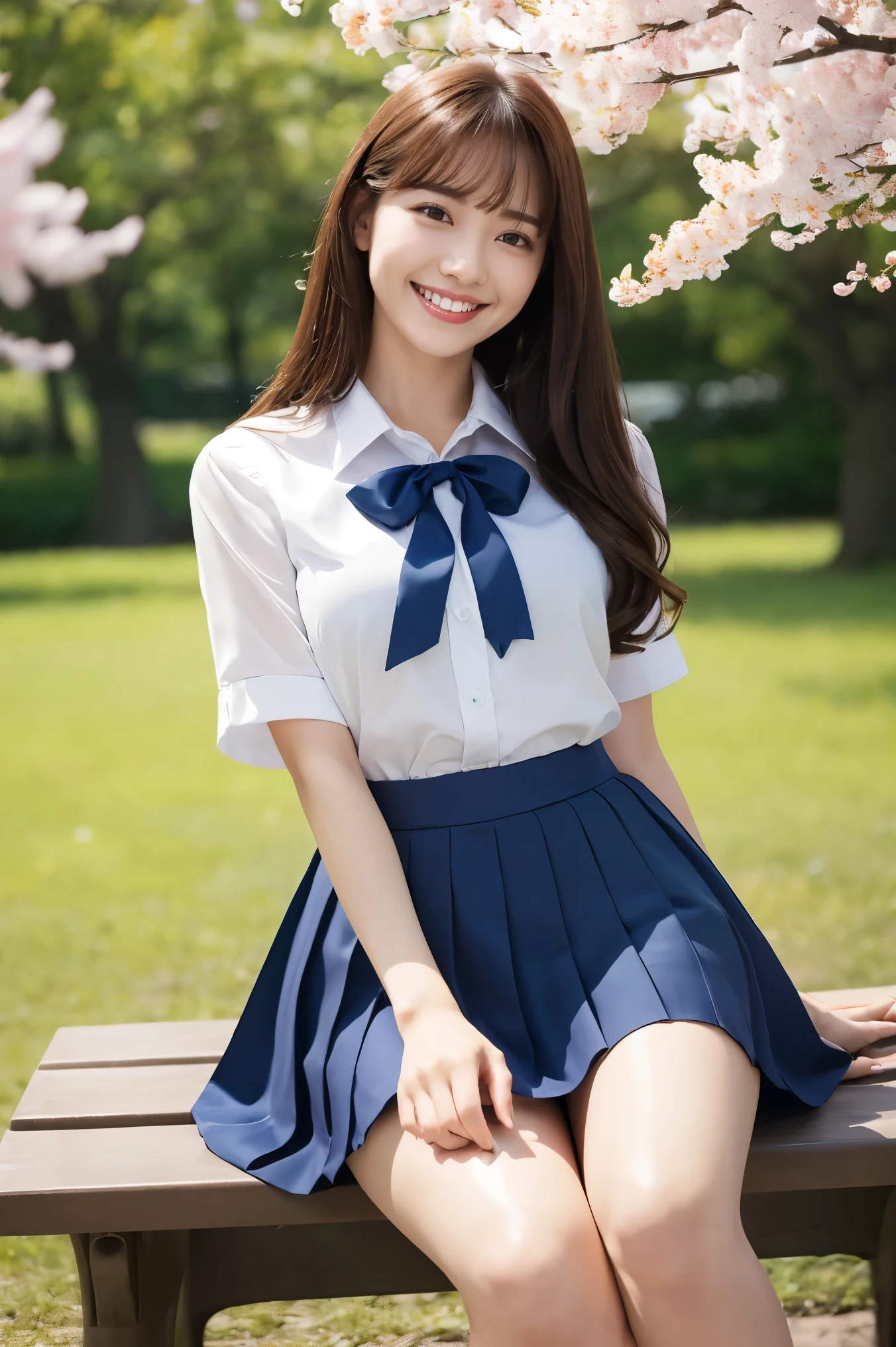 (highest quality、Tabletop、8k、Best image quality、Award-winning works)、One high school girl、16 years old、(alone:1.1)、Perfect beautiful composition、(Large Breasts:1.2)、(Accentuate your body lines:1.1)、(Voluptuous body:1.1)、(Perfect and accurate polyester shirt:1.1)、(Navy Pleated Skirt:1.1)、(uniform ribbon on chest:1.1)、(sitting on a park bench:1.1)、(Thick legs:1.2)、(One of the most natural and perfect benches:1.2)、(The most accurate bench, Perfectly crafted:1.1)、(The biggest smile is looking at me:1.1)、(Smiling with perfect beautiful teeth:1.1)、(Beautiful park background with strong blur:1.1)、The most natural and perfect beauty park、Perfectly maintained park、Natural Makeup、(美しいThick legs:1.2)、Ultra-high definition beauty face、Ultra HD Hair、Ultra HD Shining Eyes、(Ultra-high resolution glossy skin:1.1)、Super high quality glossy lip、(Accurate anatomy:1.1)、(very bright and vivid:1.1)、Cherry tree in the distance、(Perfect and precise hands:1.1)