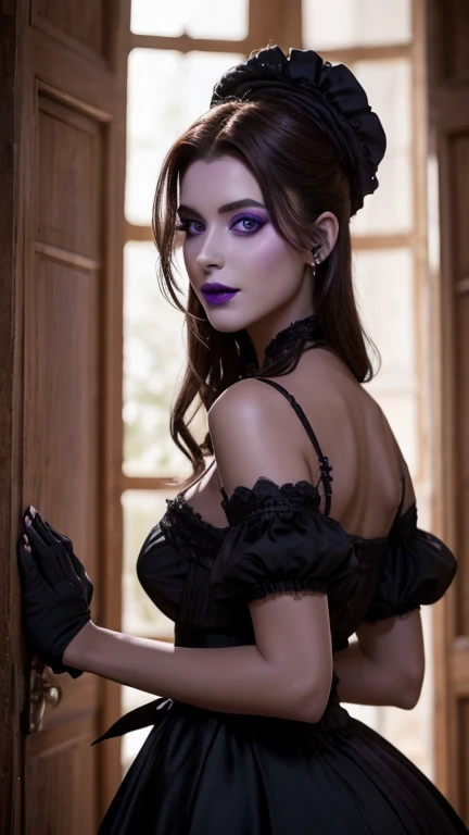 Jeune femme de 25 ans, visage fin, cheveux long, yeux marrons, HD, 8K, masterpiece, sourire romantique, sexy, mascara noir, maquillage noir, black lips, tenue gothique, vêtements noirs et violets, toile d'araignée en dentelle, cheveux noirs et violets, bodypainting, purple paint, dracula, nude, full purple and black bodypainting, purple vagina toy, sextoy