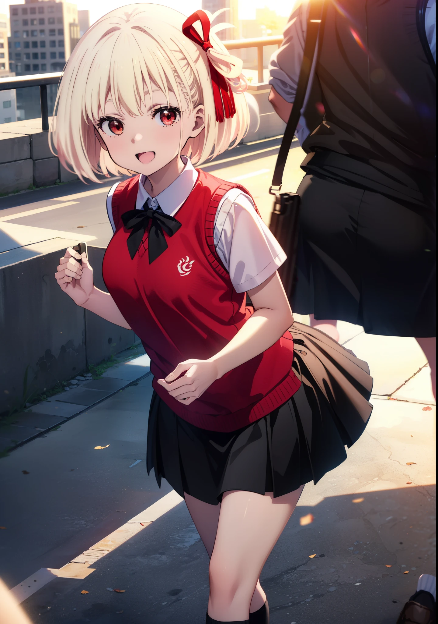chisatonishikigi, Chisato Nishikigi, short hair, bangs, Blonde Hair, (Red eyes:1.5), hair ribbon, One side up, Bobcut,smile,blush,
Cord off-shoulder top,Short sleeve,skinny pants,Stiletto heels,morning,morning陽,The sun is rising,The whole body of the person walking is included in the illustration.,morning,morning陽,The sun is rising, 
Destroy outdoors, School,School building,
壊す looking at viewer, Systemic
break (masterpiece:1.2), highest quality, High resolution, unity 8k wallpaper, (figure:0.8), (Beautiful fine details:1.6), Highly detailed face, Perfect lighting, Highly detailed CG, (Perfect hands, Perfect Anatomy),