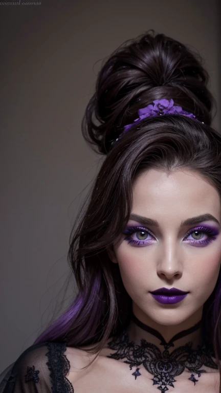 Jeune femme de 25 ans, visage fin, cheveux long, yeux marrons, HD, 8K, masterpiece, sourire romantique, sexy, mascara noir, maquillage noir, black lips, tenue gothique, vêtements noirs et violets, toile d'araignée en dentelle, cheveux noirs et violets, dans un manoir, bodypainting, purple paint, dracula, orage