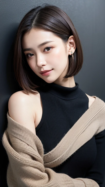 (((Close-up of face)))、(((Absolutely shoulder-length brown straight short bob)))、(((She is posing like a hair salon model, with a black wall indoors as the background.)))、(((Casual black winter long sleeves with shoulders covered)))、Half Japanese, half Korean、18 year old girl、Standing Alone、Looking forward、Light eye makeup、Brown Hair Color、Flat and 、Hair blowing in the wind、Actress Quality、Glossy, ultra-realistic face、Smiling face、Watery eyes、Gazing Up、Subtle lighting effects、 Ultra-Realistic Capture、Very detailed、High resolution 16K close up of human skin。Skin texture must be natural、The details must be such that pores can be clearly seen、The skin is healthy、Uniform tone、Use natural light and colors、A worn-out, high-quality photo taken by a model agency's in-house photographer.、smile、(((SIGMA 300 mm F/1.4,1/1000 sec shutter,ISO 400)))