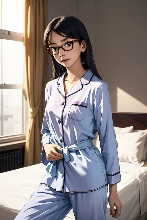 (masterpiece, highest quality), One Girl,  Satou, Satou, Glasses, pajamas, Satou, Glasses, 赤いフレームのGlasses, In bed:1.5,Head to waist,Hotel Rooms,pajamas姿,