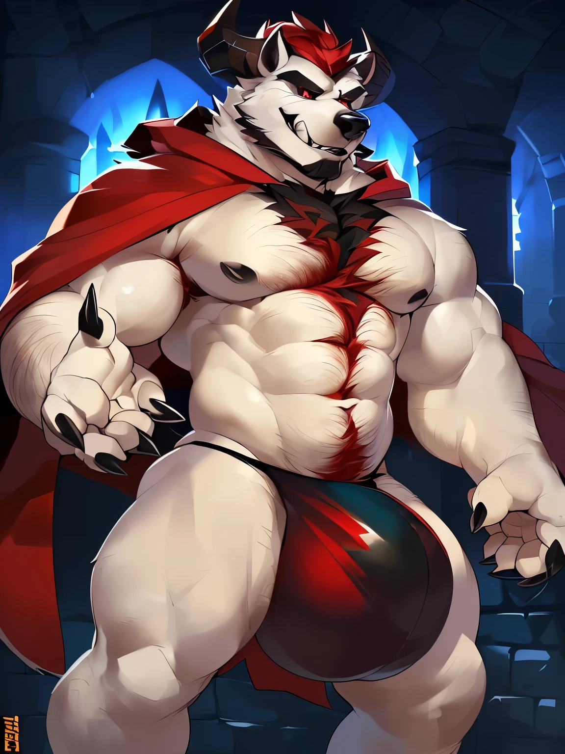 Solo, male (((bear, muscular, white body, white fur, black sclera, red eyes, tusk, ears, curved horns, pointy horns, black horns, horns, thick eyebrows, grey eyebrows, red beard, sharp teeth, abs, red hair, chest hair, hairy body, happy trail, muscular thighs, clawed hands, clawed feet, black claws, black nose, five fingers, black thong, huge bulge, red cape))) standing, sinister smirk, dungeon, stone walls ((focus eyes, focus black sclera, focus black horns, focus abs, focus tusk, focus sharp teeth)) full body, perfect anatomy, by darkgem, by mystikfox61, by glitter trap boy