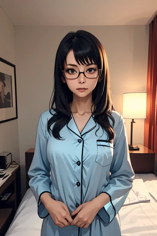 (masterpiece, highest quality), One Girl,  Satou, Satou, Glasses, pajamas, Satou, Glasses, 赤いフレームのGlasses, In bed:1.5,Head to waist,Hotel Rooms,pajamas姿,