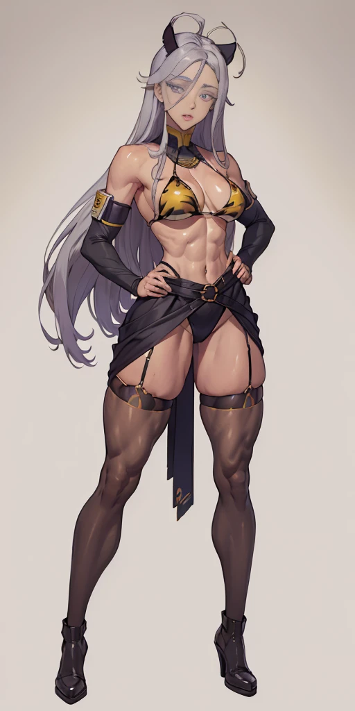 ((Masterpiece, plain background,1:2, masterpiece)) full body standing straight symmetrical against contrapposto yellow tiger print BIKINI stockings sleeves, hands on waist hips, navel, (Vladilena Milize) (grey eyes:1.5) grey long hair, hair between eyelashes