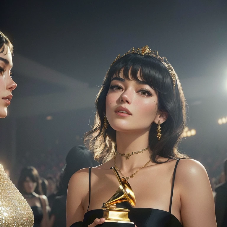 araffe woman in a black dress holding a golden trophy, mary elizabeth winstead, jacqueline e, exclusive, award winning. cinematic, bottom angle, grammy award winning, dua lipa, award - winning, award-winning, very grainy, song hye - kyo, looking from side, very award - winning, aurora aksnes and zendaya
