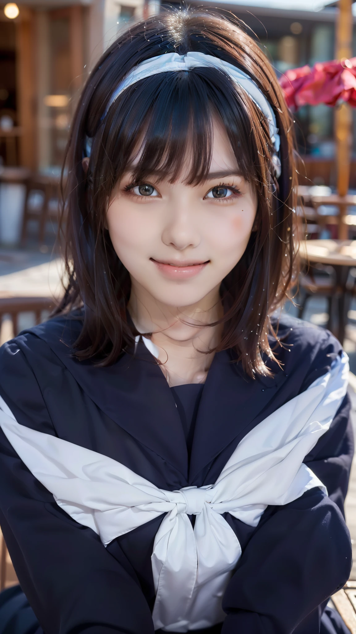 Sailor suit, One Woman, (Beautiful woman, delicate :1.3), Shiny Black Hair, Bobcut, bangs, (8k), (highest quality: 1.2), (Realistic), (Realistic: 1.37), (masterpiece), (Ultra-high resolution), (RAW Photos), (Absolute Resolution), (((face is small compared to body: 1.4))), (((Small face:1.4))), A balanced face, (Small Mouth: 1.4), ((Slim female body: 1.4)), Black Hair, (((long sleeve Sailor suit))), realistic high school girl, (((White headband))), Small breasts, Slanted Eyes, Bright Blue Eyes, (Cafe on the open terrace), Open your mouth, smile, Blurred, full body,