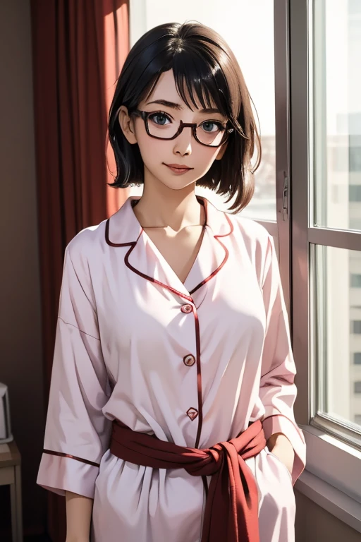 (masterpiece, highest quality), One Girl, Satou, Satou, Glasses, pajamas, Satou, Glasses, 赤いフレームのGlasses, In bed:1.5,Head to waist,Hotel Rooms,pajamas姿,