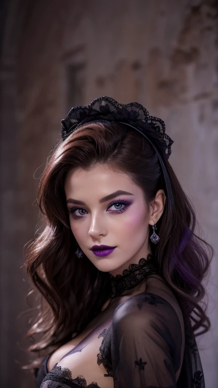 Jeune femme de 25 ans, visage fin, cheveux long, yeux marrons, HD, 8K, masterpiece, sourire romantique, sexy, mascara noir, maquillage noir, black lips, tenue gothique, vêtements noirs et violets, toile d'araignée en dentelle, cheveux noirs et violets, dans un manoir, bodypainting, purple paint, dracula, orage