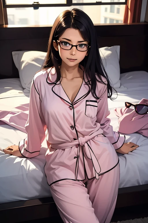 (masterpiece, highest quality), One Girl,  Satou, Satou, Glasses, pajamas, Satou, Glasses, 赤いフレームのGlasses, In bed:1.5,Head to waist,Hotel Rooms,pajamas姿,