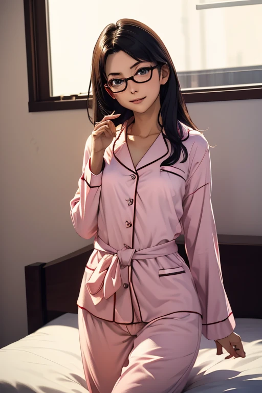 (masterpiece, highest quality), One Girl, Satou, Satou, Glasses, pajamas, Satou, Glasses, 赤いフレームのGlasses, In bed:1.5,Head to waist,Hotel Rooms,pajamas姿,