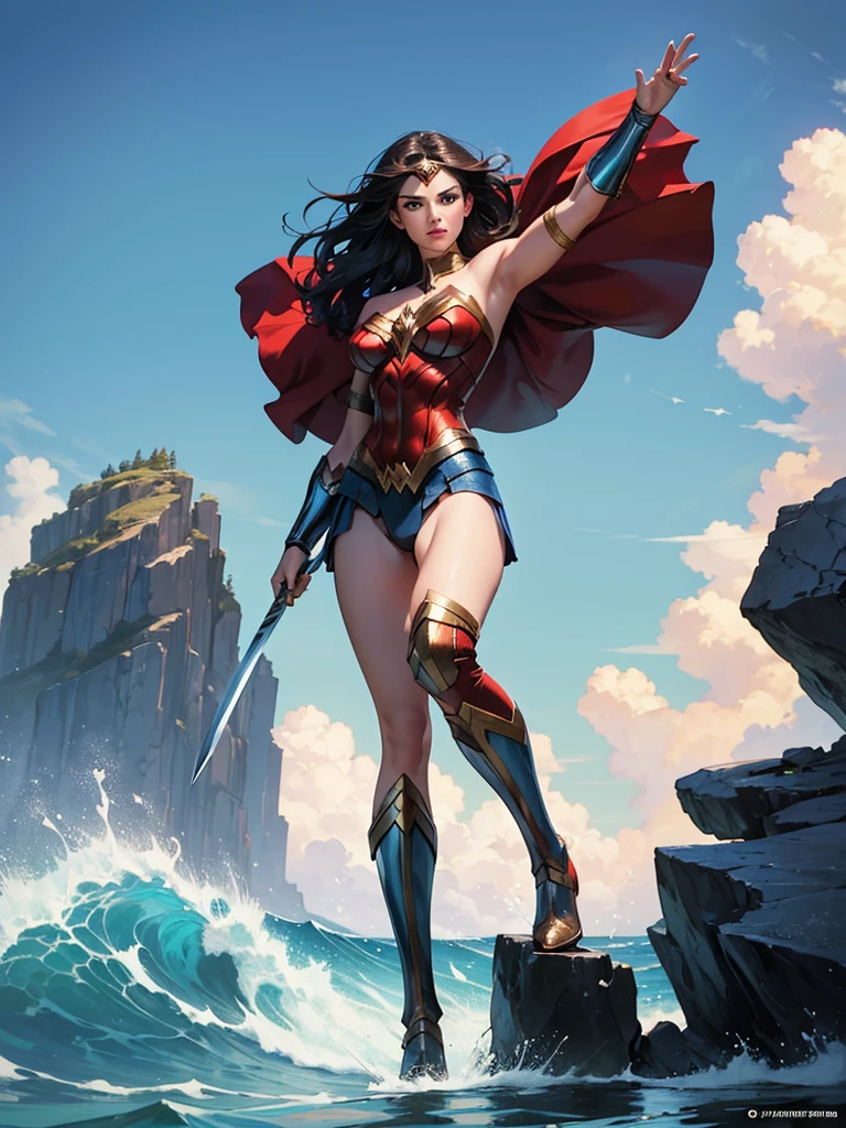 ((fantasy art)), action, heroism, grandeur, power, sensuality, stunning shadows, expertly detailed, epic, powerful and profound. DC Comics Wonder Woman is standing on top of a large rock, she is above us, we have a view from below, she is above the horizon line, Wonder Woman looks incredibly beautiful, slender, dynamic pose, pose action, Knees slightly bent, she is prepared for battle, she is holding a sword in her right hand and a shield in her left hand, her legs are slightly bent, dynamic pose, battle pose, she looks at the camera, her hair is very long and fluttering. Full body, full body. seen from below, she is on top of a large rock, the waves are crashing against the rock she is on, it is raining. Style Jim Lee, Ed Benes, Ivan Reis, Frank Cho. ((best quality)), ((masterpiece)), (high resolution: 1.2), ((best quality)), ((masterpiece)), (high resolution: 1.2)