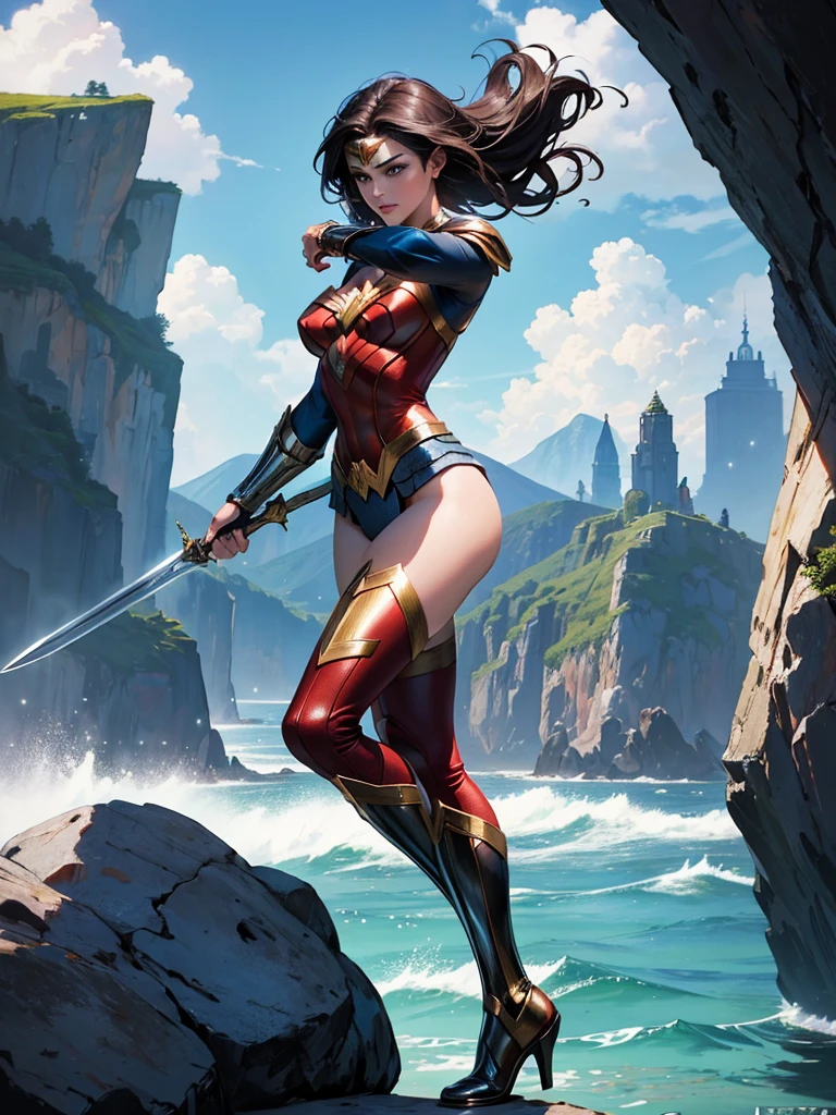 ((fantasy art)), action, heroism, grandeur, power, sensuality, stunning shadows, expertly detailed, epic, powerful and profound. DC Comics Wonder Woman is standing on top of a large rock, she is above us, we have a view from below, she is above the horizon line, Wonder Woman looks incredibly beautiful, slender, dynamic pose, pose action, Knees slightly bent, she is prepared for battle, she is holding a sword in her right hand and a shield in her left hand, her legs are slightly bent, dynamic pose, battle pose, she looks at the camera, her hair is very long and fluttering. Full body, full body. seen from below, she is on top of a large rock, the waves are crashing against the rock she is on, it is raining. Style Jim Lee, Ed Benes, Ivan Reis, Frank Cho. ((best quality)), ((masterpiece)), (high resolution: 1.2), ((best quality)), ((masterpiece)), (high resolution: 1.2)