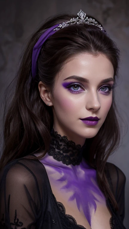 Jeune femme de 25 ans, visage fin, cheveux long, yeux marrons, HD, 8K, masterpiece, sourire romantique, sexy, mascara noir, maquillage noir, black lips, tenue gothique, vêtements noirs et violets, toile d'araignée en dentelle, cheveux noirs et violets, dans un manoir, bodypainting, purple paint, dracula, orage