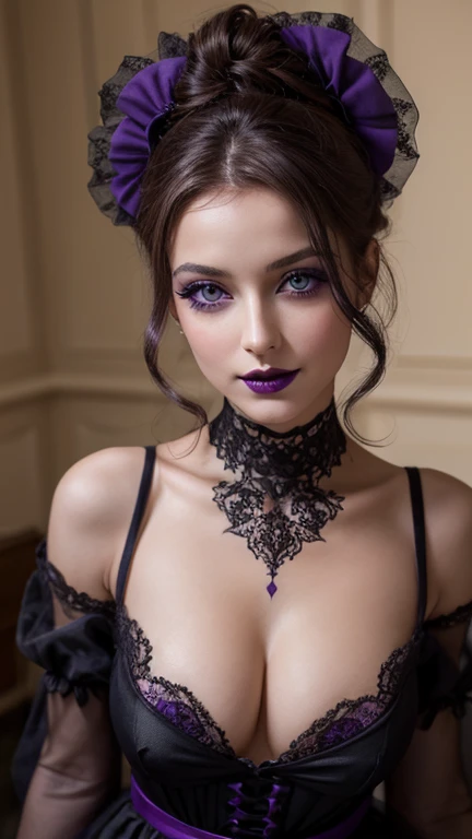 Jeune femme de 25 ans, visage fin, cheveux long, yeux marrons, HD, 8K, masterpiece, sourire romantique, sexy, mascara noir, maquillage noir, black lips, tenue gothique, vêtements noirs et violets, toile d'araignée en dentelle, cheveux noirs et violets, dans un manoir, bodypainting, purple paint, dracula, orage