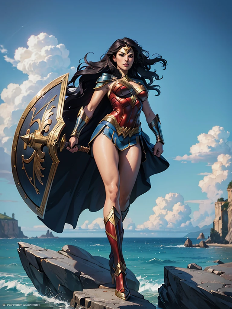 ((fantasy art)), action, heroism, grandeur, power, sensuality, stunning shadows, expertly detailed, epic, powerful and profound. DC Comics Wonder Woman is standing on top of a large rock, she is above us, we have a view from below, she is above the horizon line, Wonder Woman looks incredibly beautiful, slender, dynamic pose, pose action, Knees slightly bent, she is prepared for battle, she is holding a sword in her right hand and a shield in her left hand, her legs are slightly bent, dynamic pose, battle pose, she looks at the camera, her hair is very long and fluttering. Full body, full body. seen from below, she is on top of a large rock, the waves are crashing against the rock she is on, it is raining. Style Jim Lee, Ed Benes, Ivan Reis, Frank Cho. ((best quality)), ((masterpiece)), (high resolution: 1.2), ((best quality)), ((masterpiece)), (high resolution: 1.2)