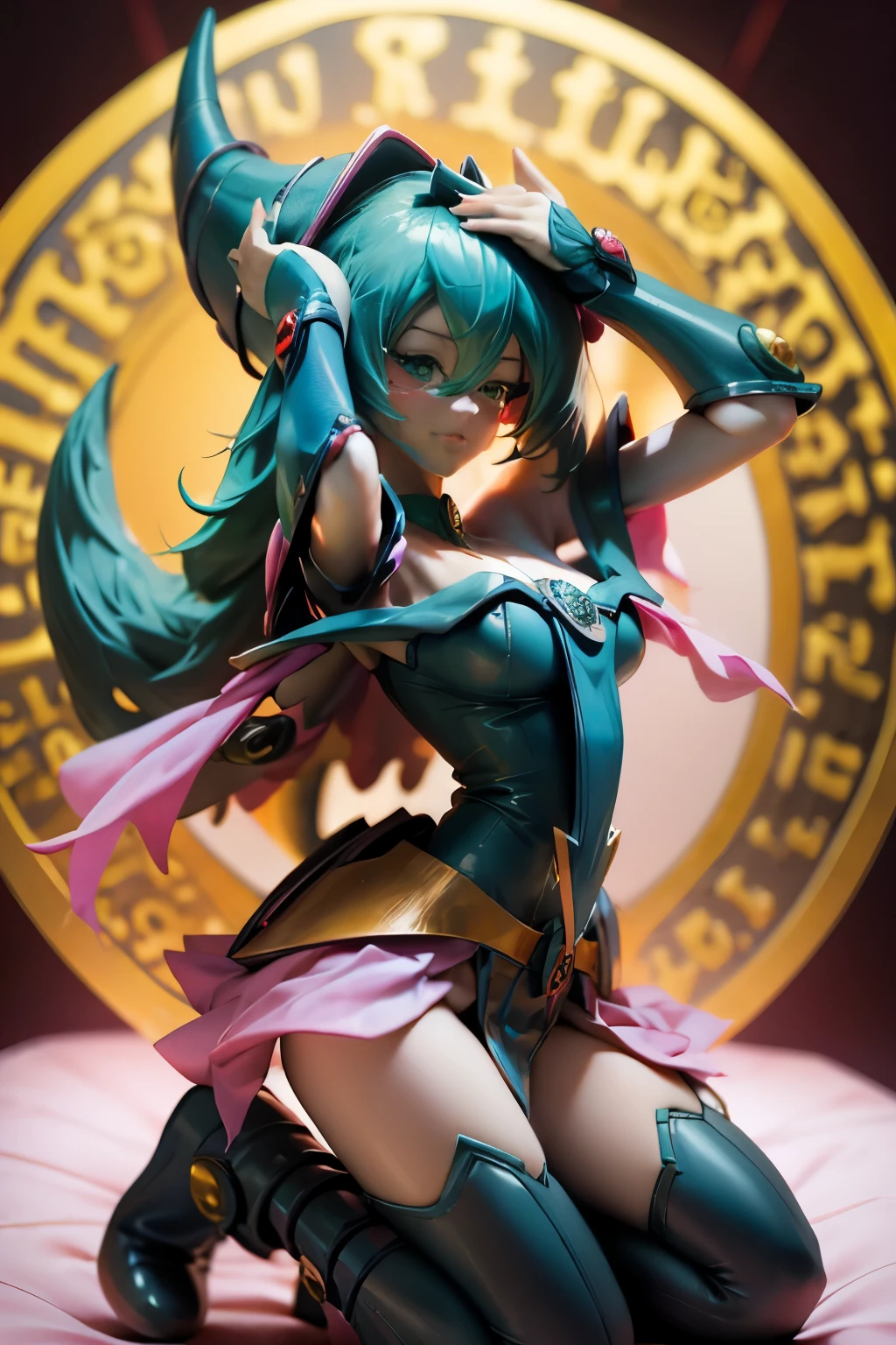 Hatsune Miku disfrazada de dark magician gils. Pose sensual y seductora. Fondo de magia