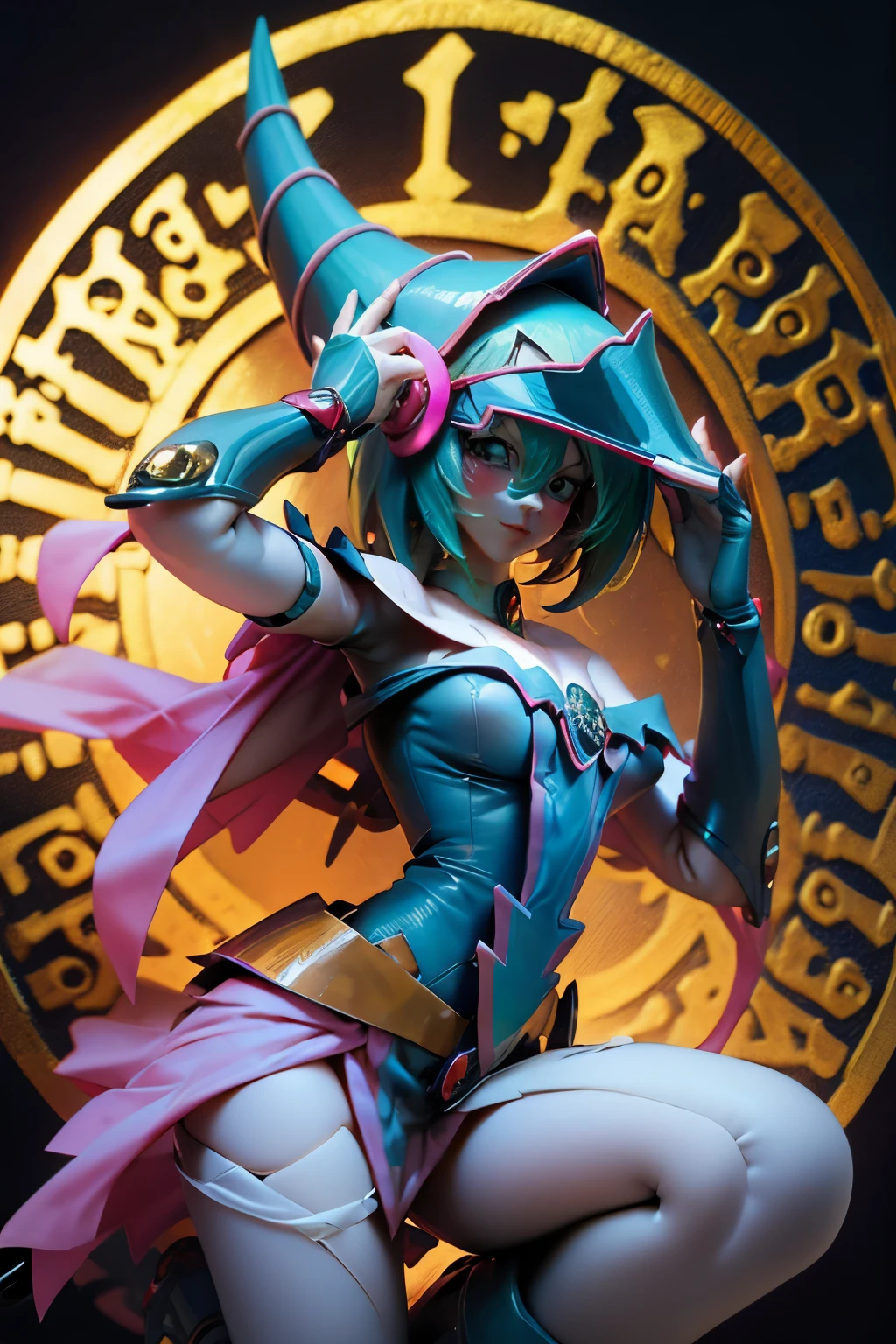 Hatsune Miku disfrazada de dark magician gils. Pose sensual y seductora. Fondo de magia 