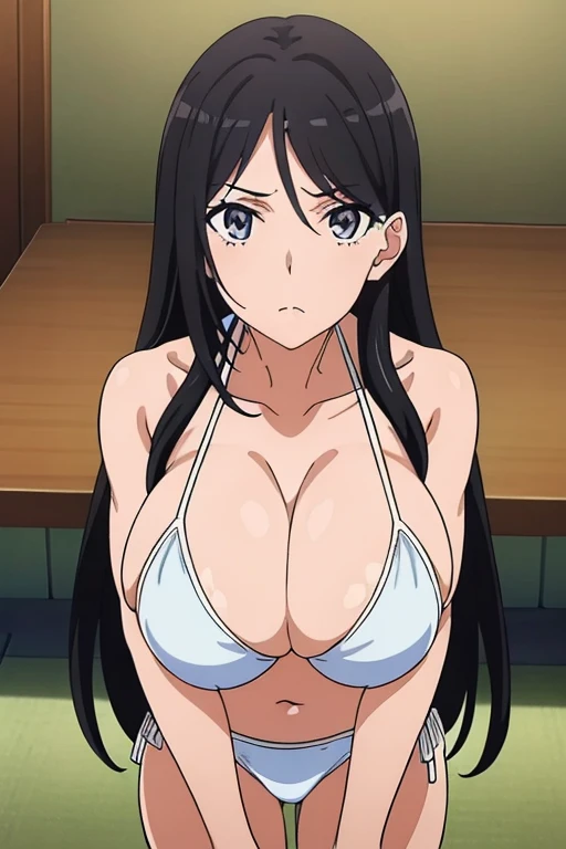 (masutepiece, Best Quality, High resolution, anime screen cap, anime colours, megami magazine:1.2, anime poster style, anime keyvisual, sharp, 8k, photorealistic), (beautiful eyes:1.5), from behind, Fukiyose Seiri, 1girl in, Cute, blush, (Long Black Hair), (large breasts:1.5), cleavage, (White Bikini:1.5), from below, cowboy shot, standing, (Perfect Anatomy, beautifull detailed face, Beautiful detailed eyes, beautiful detailed hair, Beautiful detailed body), (thick outline, Beautiful outlines, black outlines)