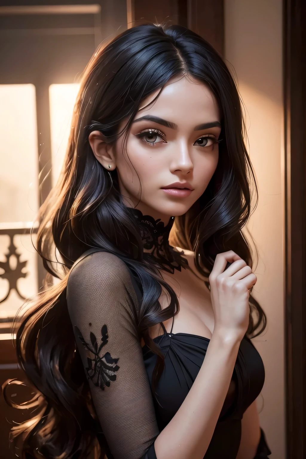 cabelo:Cor: Silky black ebony.comprimento: cai graciosamente em seus ombros.estilo: Natural waves that add a touch of effortless elegance.tez:Aria ostenta um brilho radiante, tez mocha quente, capturing a perfect balance between richness and luminosity.olhos:forma: almond-shaped, com uma mistura hipnotizante de profundidade e expressividade.Cor: Reflete um profundo, tom emocionante de marrom.Nariz:Aria's nose is delicate, recurso esculpido, contributing to the overall harmony of your facial aesthetics.lips:forma: completo, with a natural pout that exudes confidence and a touch of mystery.face:forma: Aria's face carries the elegance of an oval shape, fornecendo uma tela para seus recursos cativantes.expression: His features reflect a subtlety, Always present warmth and a touch of fun.tipo de corpo:Aria's AI model embodies a slim and graceful physique, carrying an aura of sophistication and urban elegance.Traje:Aria's wardrobe is a fusion of modern urban style and futuristic flair. She effortlessly navigates between casual streetwear, vestidos chiques, e trajes que complementam sua personalidade digital.