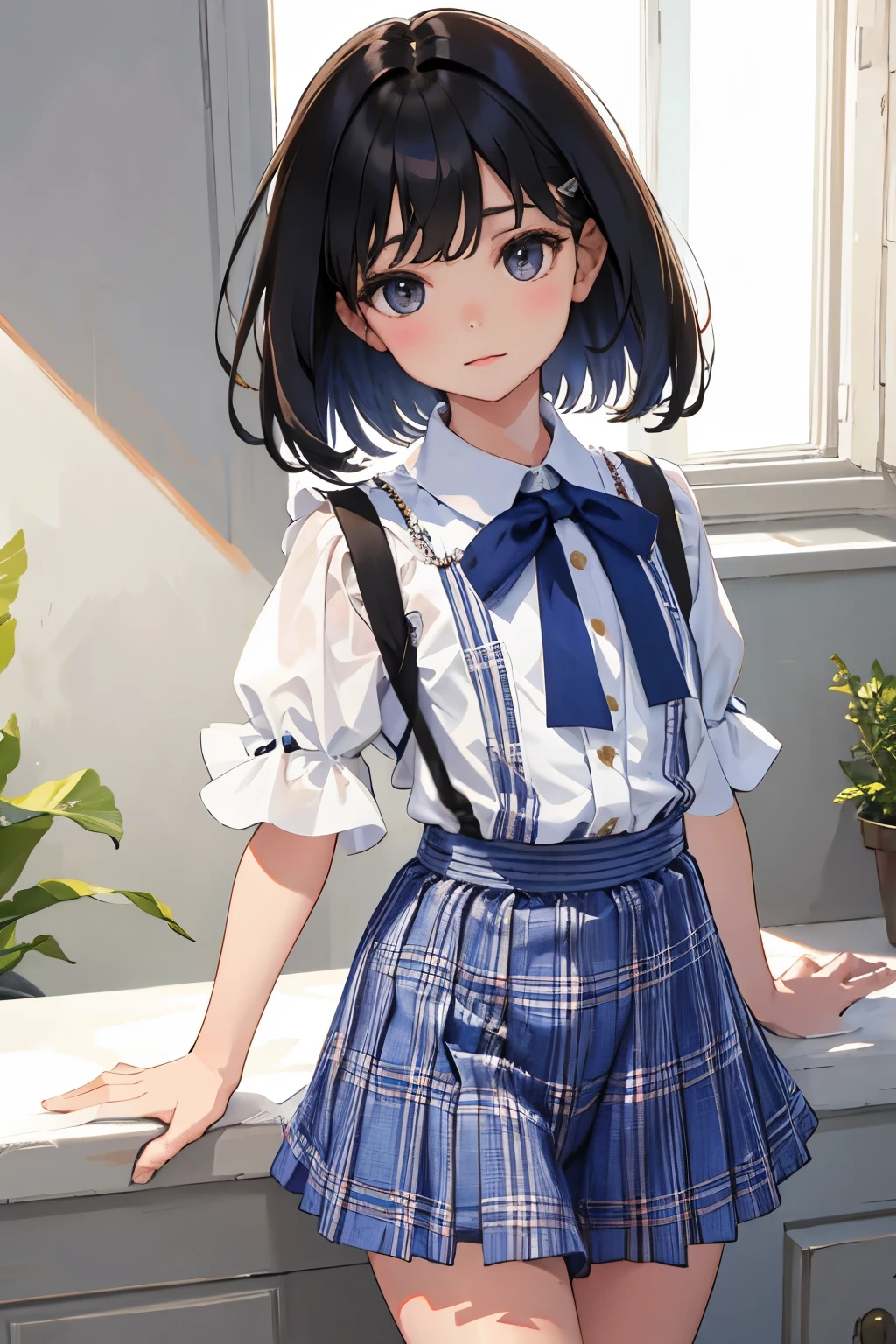 ()，（​masterpiece，Highest Quality），Blouse with short sleeves，(Gingham Check Skirt)，A dark-haired，Medium bob