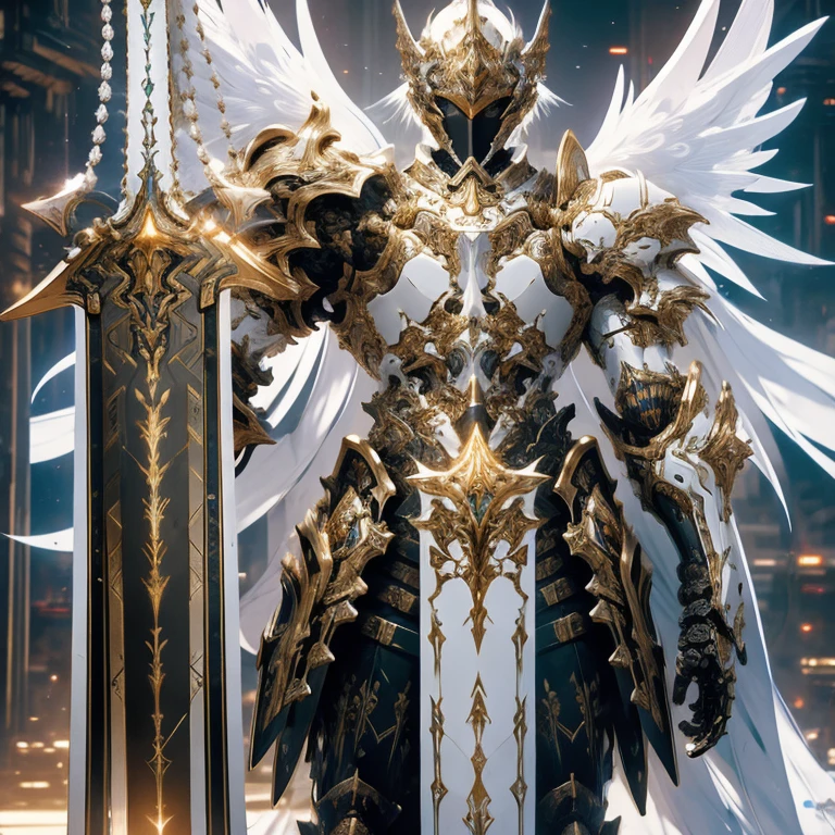 (masterpiece, best quality:1.2), a subject, A warrior in armour techno fantasy style, holy sword,(technological aggressive design), cyberpunk, 4K, UHD, (Photorealistic:1.4),Ultra high resolution, masterpiece, ultra realistic, ultra nitide, insane details, ((white and gold, angel themed)), boy, helmet