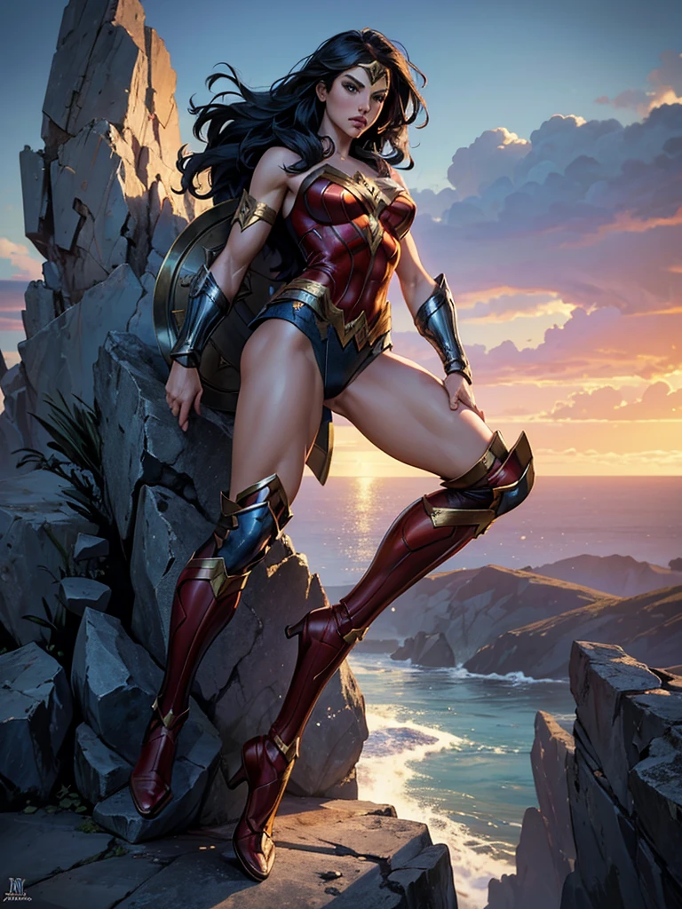((fantasy art)), action, heroism, grandeur, power, sensuality, stunning shadows, expertly detailed, epic, powerful and profound. DC Comics Wonder Woman is standing on top of a large rock, she is above us, we have a view from below, she is above the horizon line, Wonder Woman looks incredibly beautiful, slender, dynamic pose, pose action, Knees slightly bent, she is prepared for battle, she is holding a sword in her right hand and a shield in her left hand, her legs are slightly bent, dynamic pose, battle pose, she looks at the camera, her hair is very long and fluttering. Full body, full body. seen from below, she is on top of a large rock, the waves are crashing against the rock she is on, it is raining. Style Jim Lee, Ed Benes, Ivan Reis, Frank Cho. ((best quality)), ((masterpiece)), (high resolution: 1.2), ((best quality)), ((masterpiece)), (high resolution: 1.2)