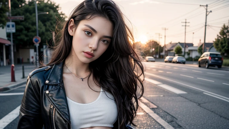Gorgeous 20 year old European woman, Black wavy hair, Standing on the road, Bike in the background, White cotton crop top, Super Short Denim Shorts, leather jacket, Looking at the camera, Full body photo (In the light of the sunset:1.2),
Perfect Eyes, Perfect hands, Perfect body, Perfect Hair, Perfect breasts, Hair behind the ear, Blurred foreground, 超High resolution, retina, masterpiece, Accurate, Anatomically correct, Textured skin, Super Detail, Attention to detail, high quality, Awards, 最high quality, High resolution, 16k, 8k