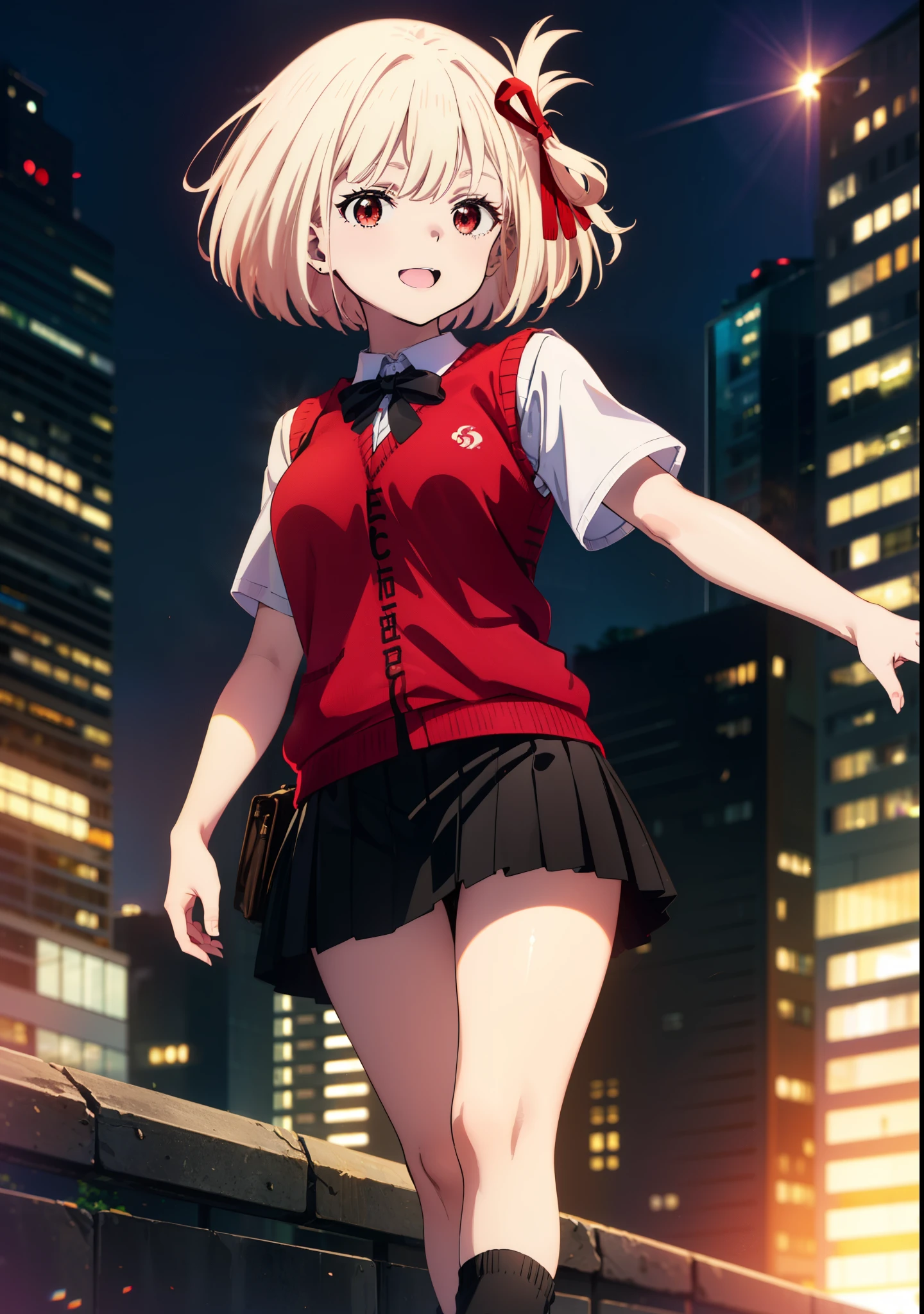 chisatonishikigi, Chisato Nishikigi, short hair, bangs, Blonde, (Red eyes:1.5), hair ribbon, One side up, Bobcut,happy smile, smile, Open your mouth,
white yシャツ, Short sleeve, Pleated skirt, socks, Collared shirt, mini skirt, Black pantyhose, (Black Skirt:1.5), Sweater vest, (red Sweater vest:1.5),Brown loafers,morning,morning陽,The sun is rising,Walking,whole bodyがイラストに入るように,
break outdoors, city,
break looking at viewer, whole body,
break (masterpiece:1.2), highest quality, High resolution, unity 8k wallpaper, (figure:0.8), (Beautiful fine details:1.6), Highly detailed face, Perfect lighting, Highly detailed CG, (Perfect hands, Perfect Anatomy),